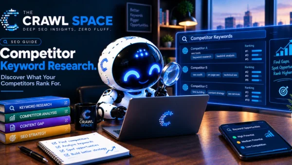 A visual workflow illustrating our agency's competitor research process, moving from initial keyword discovery to evaluating content depth, format, and AI visibility.