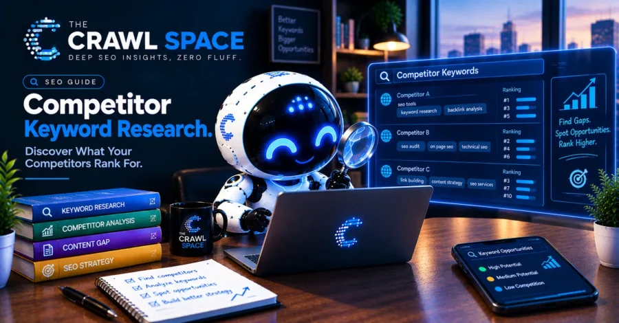 A visual workflow illustrating our agency's competitor research process, moving from initial keyword discovery to evaluating content depth, format, and AI visibility.