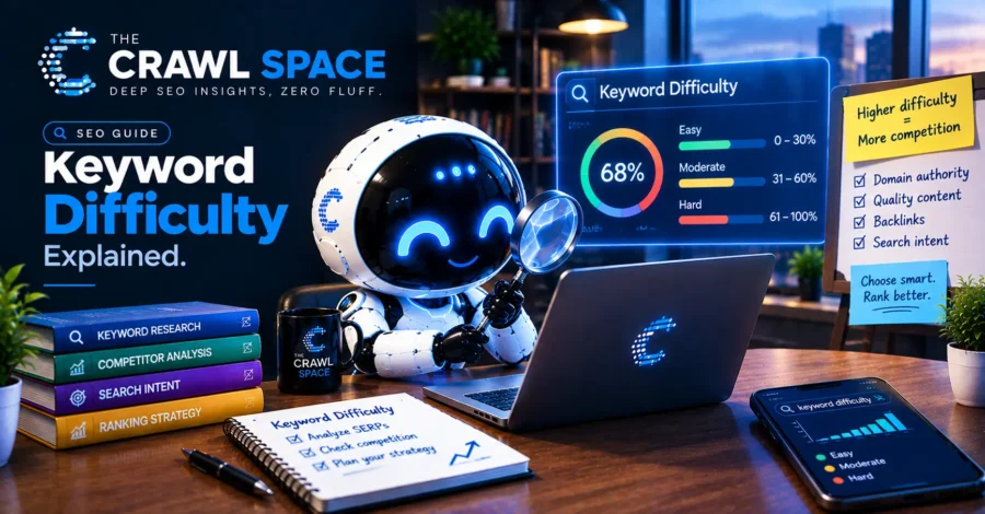 A strategic dashboard graphic illustrating our agency's keyword evaluation process, weighing keyword difficulty scores against actual SERP competition and search intent.