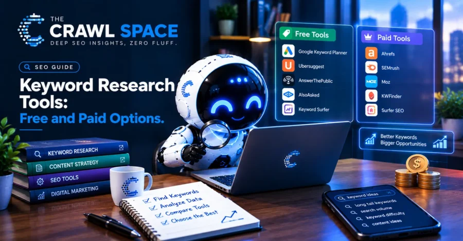 An editorial infographic mapping the keyword research workflow from seed topics and search intent to search volume analysis and content execution.