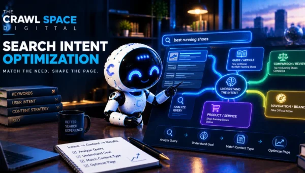 A step-by-step graphic outlining our agency's search intent optimization framework, showing how format, depth, and angle are matched to live SERP results.