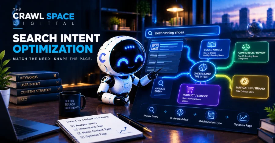A step-by-step graphic outlining our agency's search intent optimization framework, showing how format, depth, and angle are matched to live SERP results.